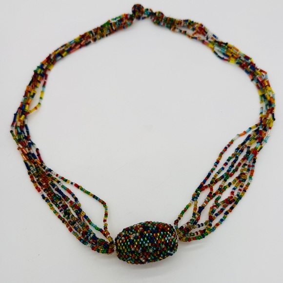 Vintage Colorful Multicolor Beaded Necklace 7 Strand w/Large Beaded Pendant - Picture 5 of 5